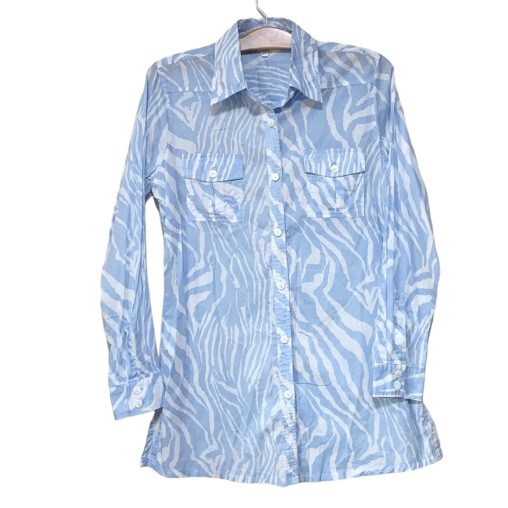 Tabi Women’s Light Blue True White Printed Comfy Lightweight Shirt Dress Small